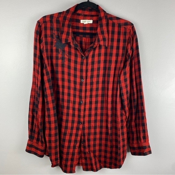 Beach Lunch Lounge Cabincore Buffalo Plaid Button Down Shirt Large Red Black - Picture 3 of 11